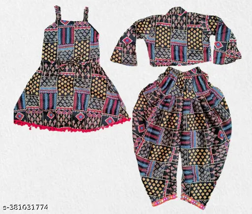 Traditional cotton blend kurta set (Kurta, Dhoti pant, Shrug) for baby girls. A-line top with three-quarter sleeves, printed pattern, knee length. Perfect for weddings, parties, or any festival wear