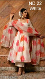 White Georgette gown with long sleeves and printed net pattern, size M (bust 38in, length 52in), origin India