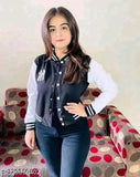 Navy blue full sleeve solid jacket for kids girl