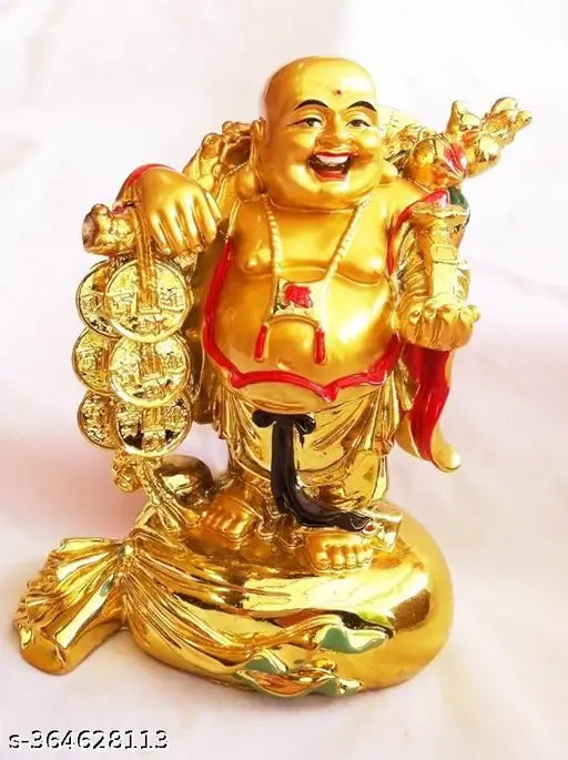 Golden Polyclay Laughing Buddha with Money Bag and Ingot Potli, stands 9cm tall, bringing prosperity, wealth, and good luck at home or office