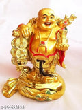 Golden Polyclay Laughing Buddha with Money Bag and Ingot Potli, stands 9cm tall, bringing prosperity, wealth, and good luck at home or office
