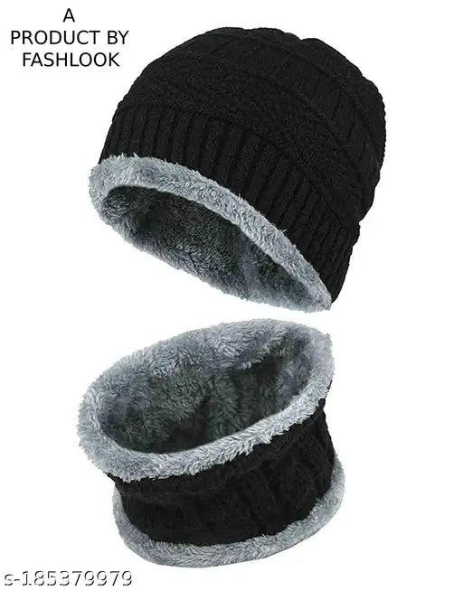 Trendy black wool balaclava cap, solid design on display
