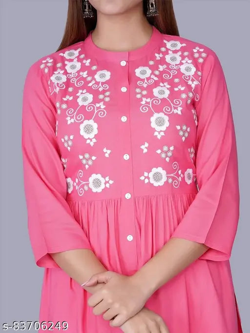 Rayon Anarkali embroidered kurti with three-quarter sleeves, intricate embroidery detailing on neck, originates from India