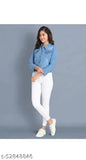 Light blue denim women's jacket, solid buttoned, long sleeves, made in India
