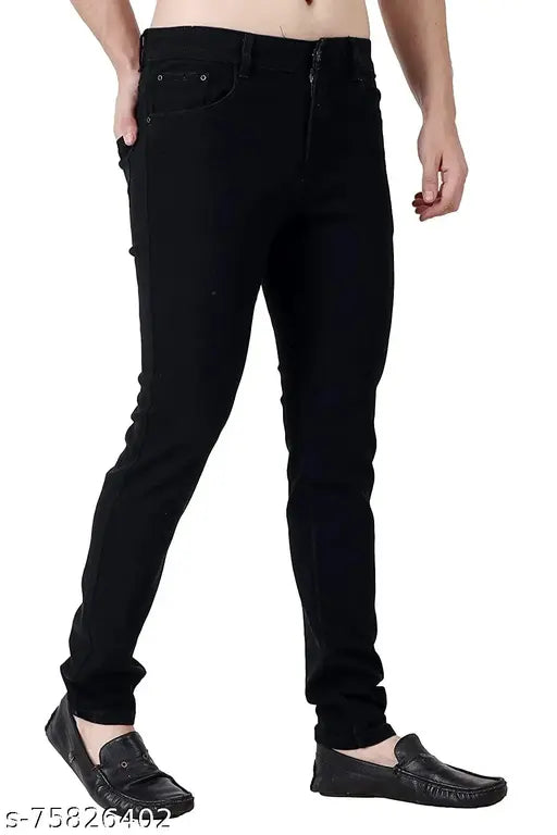 Mens denim stretch slim fit jeans - modern stylish look, black color, midrise design with 5 pockets and belt hoops, suitable for casual or semi-formal wear