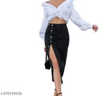 Black long denim skirt with high waist, woman's style