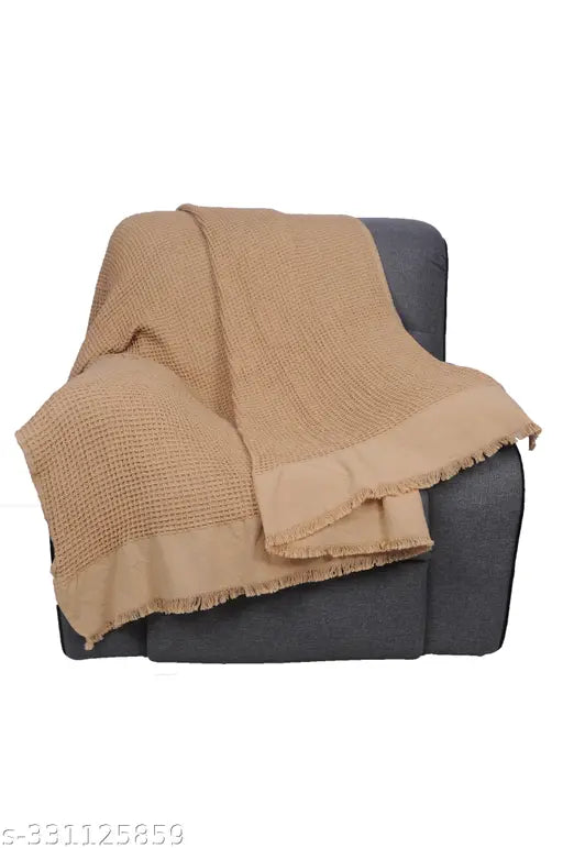 Washed waffle biege cotton blanket throw, jumbo size with fringes for cozy home decor