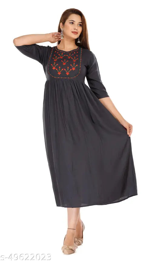 Grey rayon embroidered women's anarkali kameez with long sleeves, gathered waist, and slits on sides