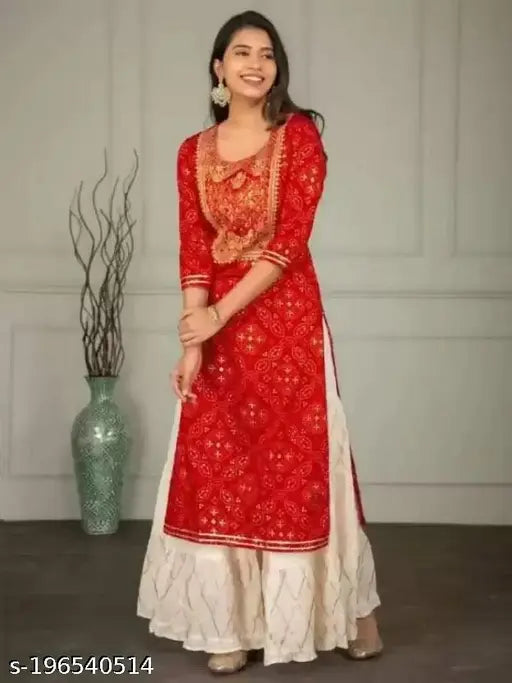 Women's viscose rayon straight kurta set printed with designs, 3/4 sleeves, knee length