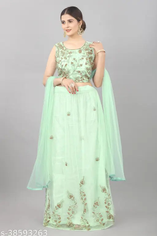 Light green embroidered net Lehenga choli set with dupatta, semi-stitched Indian fashion for women