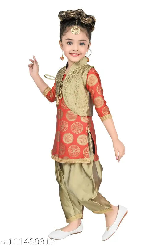 Red cotton blend embroidered Patiala suit for girls, Hariyal Creation Party/Festive wear, anarkali shape with three-quarter sleeves, size 3-4 years, 19" top length, 22" bottom length