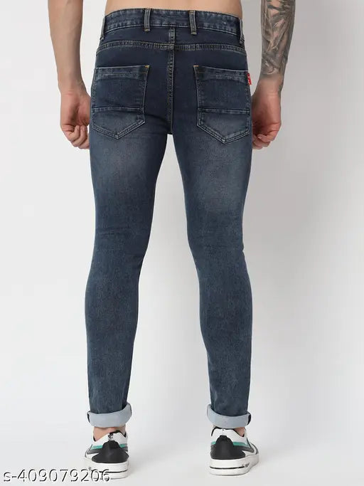 Men's high waist stretchy skinny fit denim jeans, solid sky blue fabric
