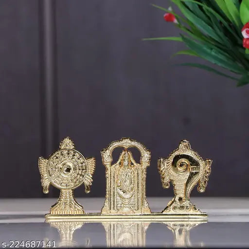 Gold-plated antique Indian Tirupati Balaji Symbol Stand with Shankh Chakra and statue, religious decorative figurine for car dashboard or home/office table showpiece