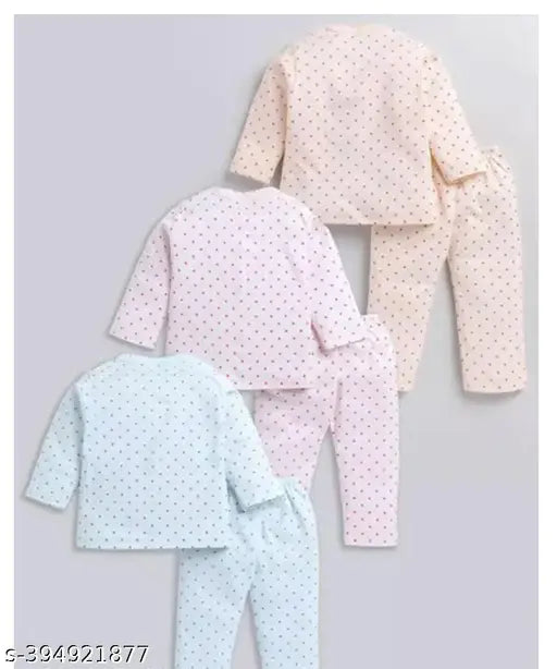 Cotton and polyester newborn night dress set for boys, girls - 3 pack with long sleeves, printed pattern on top and bottom