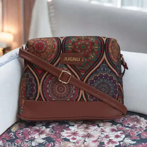 Multicolored, handcrafted, long-adjustable-belt, faux-leather shoulder bag with a crossbody strap, featuring JUGNU branding