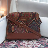Multicolored, handcrafted, long-adjustable-belt, faux-leather shoulder bag with a crossbody strap, featuring JUGNU branding