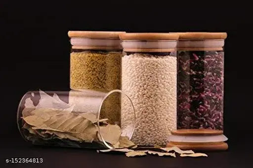 Borosilicate glass containers, VRS MALL brand, 4-piece pack with bamboo airtight lids and clear jars, total volume 1000ml