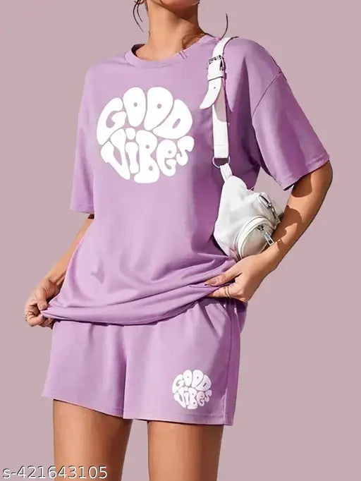 Lavender pure cotton nightsuit set: Women's top & shorts with printed design, half sleeves, made in India