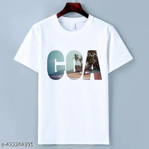 White polyester GOA printed t-shirt for adults, featuring intricate designs. Sizes: S, M, L, XL, XXL. Check size chart before ordering