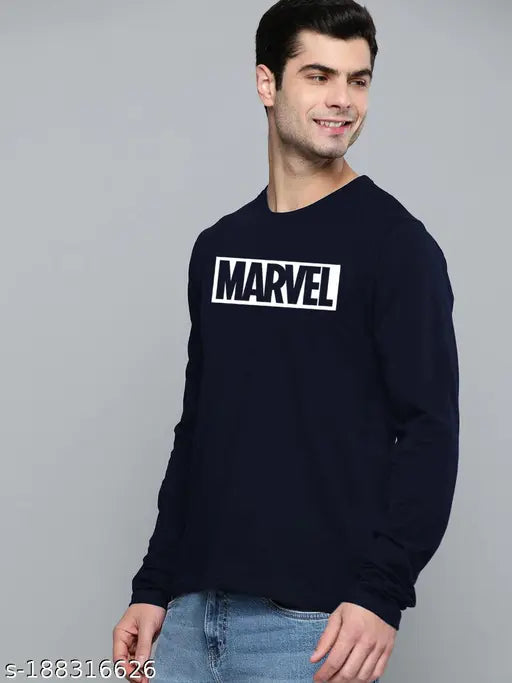 Marvel navy cotton long sleeve men's t-shirt with printed design, showcasing Marvel characters on a hanger