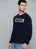 Marvel navy cotton long sleeve men's t-shirt with printed design, showcasing Marvel characters on a hanger