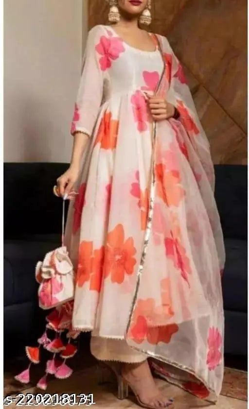 White Georgette Anarkali gown set with floral prints & dupatta, ideal for women's party wear