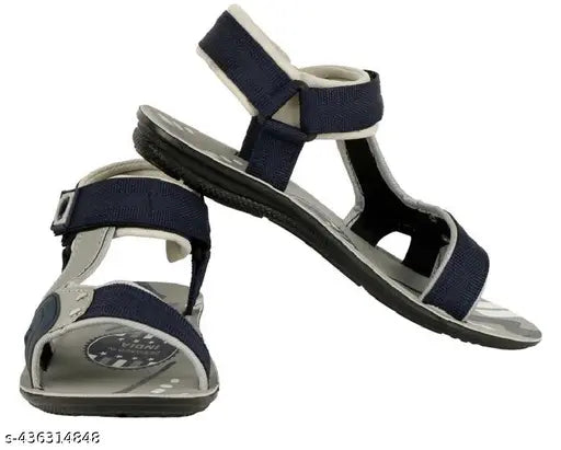 Synthetic leather grey blue boys sandals with printed net pattern, ideal for ages 8-12 years, fastened by Velcro