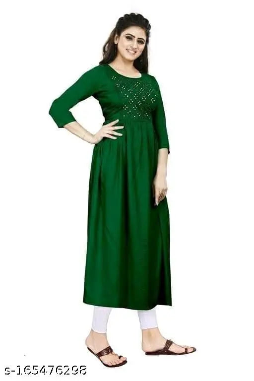 Embroidered rayon Anarkali kurti, three-quarter sleeves, embellished women's fashion from India (M: Bust 38in, L: Bust 40in, XL: Bust 42in)