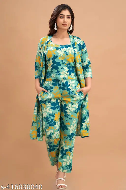 Blue pink rayon cordset 3-piece printed pyjamas set