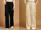 Stylish cotton blend cargo pants for women, solid color, 2N (S, M, L), elastic waistband, multiple pockets