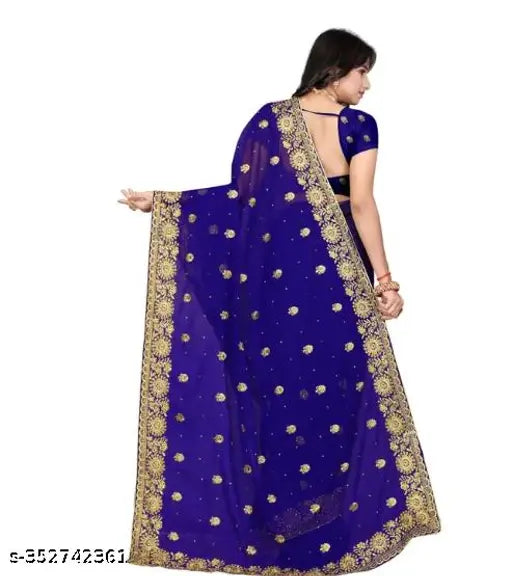 Royal blue saree with intricate gold embroidery and full paisley stone work