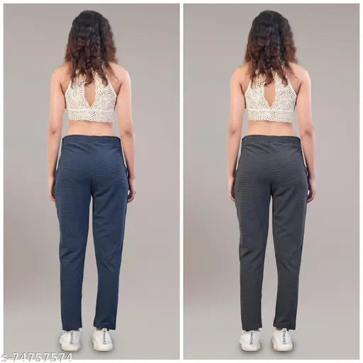 Women's striped polycotton track pants combo (dark grey & navy blue), print lining with self-designed stretchable fabric, comfortable for daily wear and equipped with 2 side pockets and elastic waistband closure