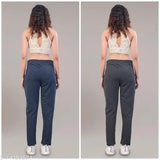 Women's striped polycotton track pants combo (dark grey & navy blue), print lining with self-designed stretchable fabric, comfortable for daily wear and equipped with 2 side pockets and elastic waistband closure