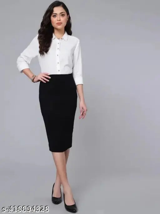 Black polycotton pencil skirt for women, semi-formal knee-length style with elasticated waist belt. Perfect for office wear or parties. Machine washable