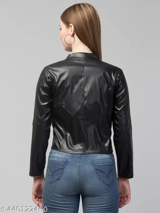 Women's solid style PU leather regisine jacket, size S for bust 36in & length 21in, made in India