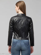 Women's solid style PU leather regisine jacket, size S for bust 36in & length 21in, made in India