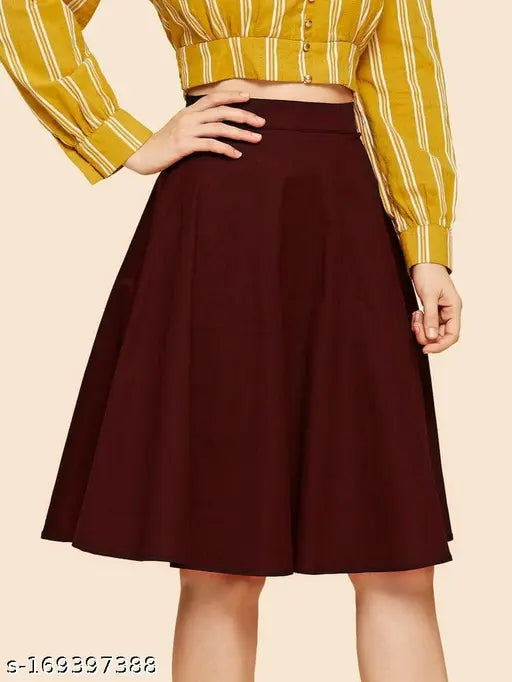 Maroon A-line skirt with yellow blouse