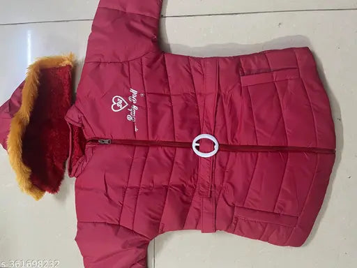 Girl's red padded jacket with fur trim