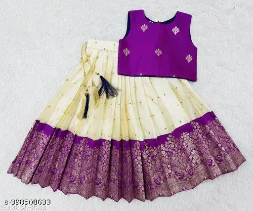 Cotton Silk Jacquard Girls Lehenga Choli, Indian ethnic dress for 6-8 years