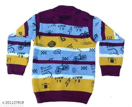 Purple and yellow woolen winter sweaters for kids, printed net pattern on long sleeves