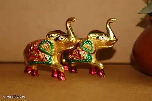 Gold metal elephant statues pair, decorative showpiece for home, temple, office, and gifting. Lucky figurine from India, 7.5cm(L) x 6.5cm(H) x 2.5cm(B)