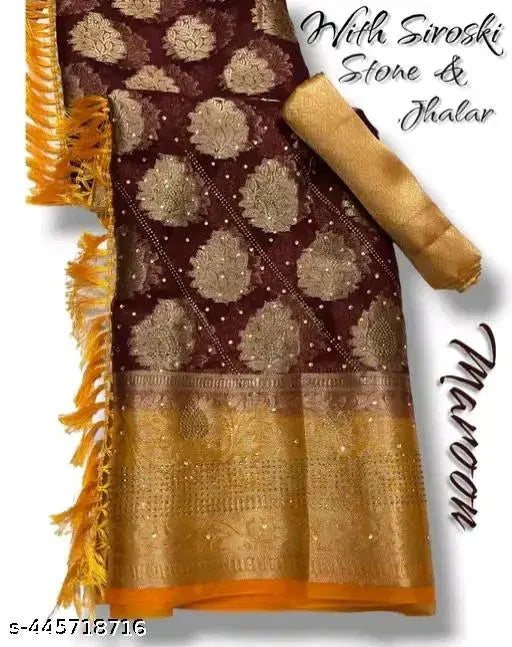 Organza saree, multi-colored embroidery on pallu, unstitched, gold border