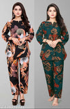 Printed rayon women's night suit with three-quarter sleeves, rayon bottom pyjamas from India
