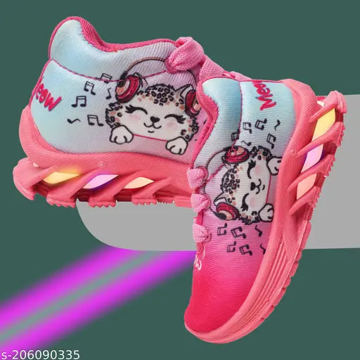 Pink and blue sneakers with cat design, featuring LED lighting, suitable for boys aged 1-4 years