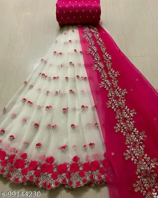 White Georgette embroidered semi-stitched net Lehenga Choli with dupatta, traditional Indian attire for weddings or festivals