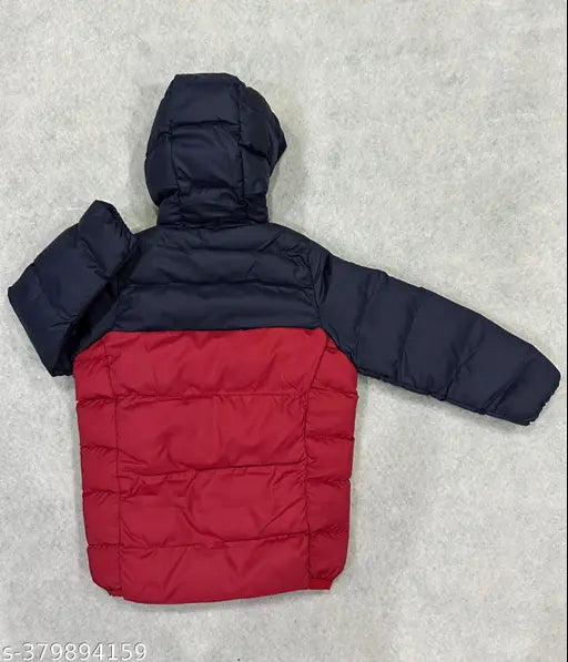 Black and red padded winter coat with hood