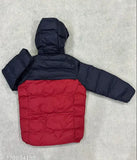 Black and red padded winter coat with hood