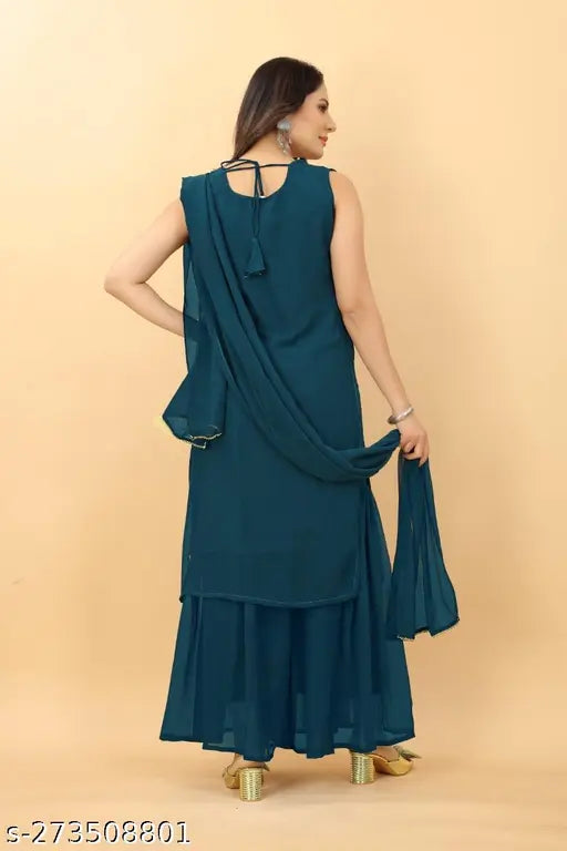 Dark blue satin kurta with dupatta