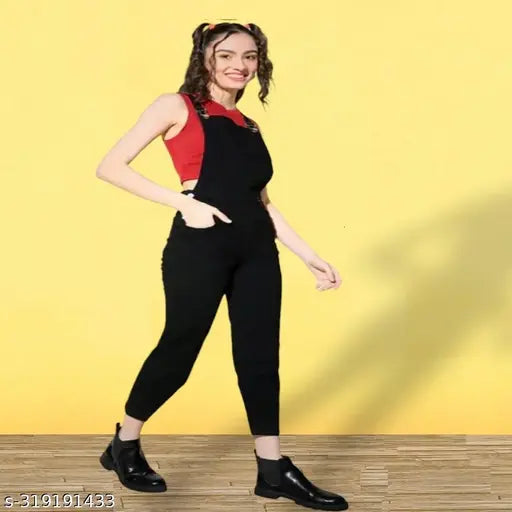 High waist denim stretchable dungaree dress for women, solid color, size L (34in bust, 38in length, 30in waist, 34in hip). Indian-made, studio lighting may affect color