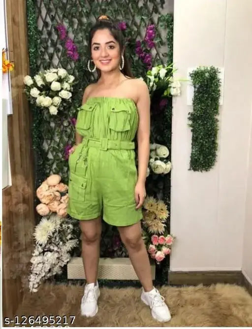 Green denim sleeveless twill short for women, solid pattern, size M (bust 36in, length 27in, waist 34in), origin India